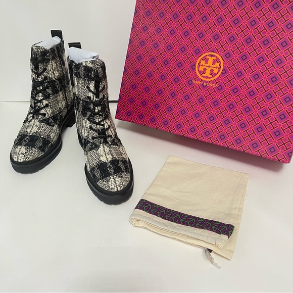 Tory Burch Miller Wool Lug Sole Bootie- Black White- New In Box